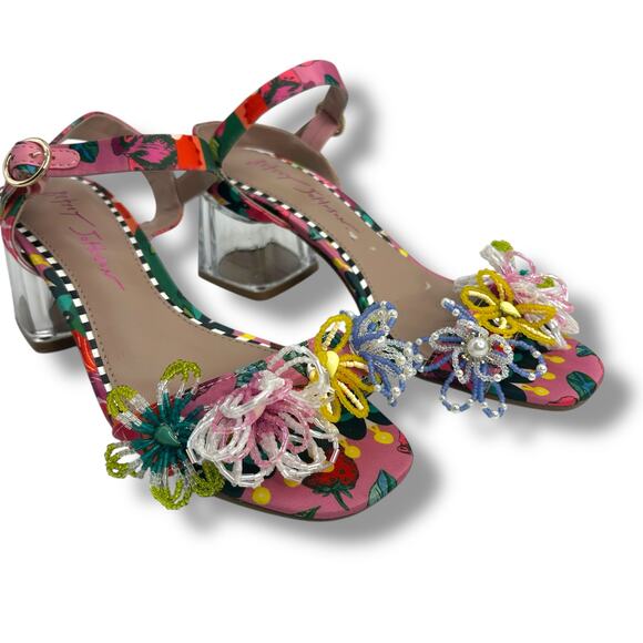 Betsey Johnson Beaded Flower Embellished Sandals Size 6 Clear Block Heels EUC - Picture 10 of 13